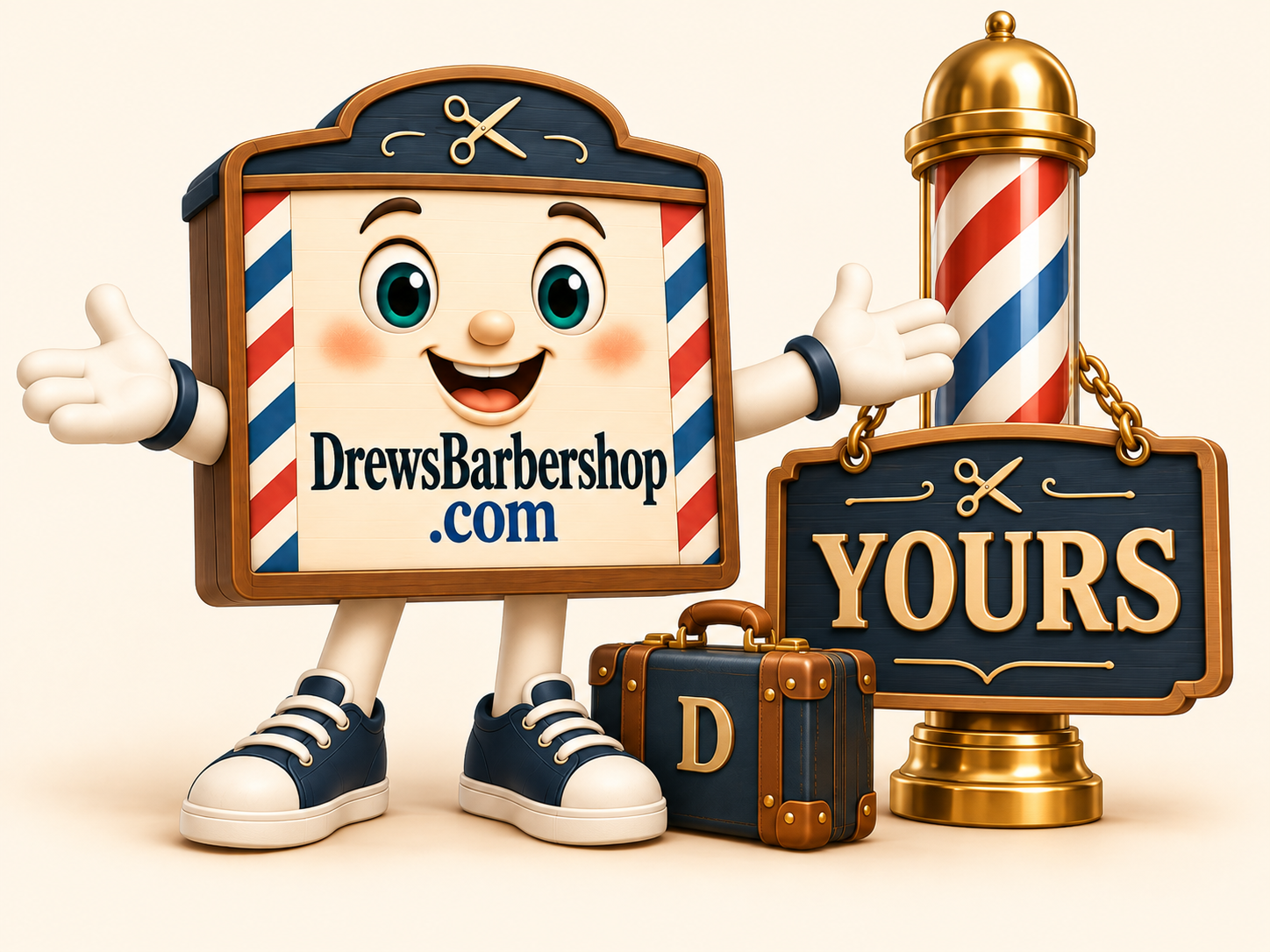The DrewsBarbershop.com signboard character cheering beside a wooden sign reading YOURS and a barber pole