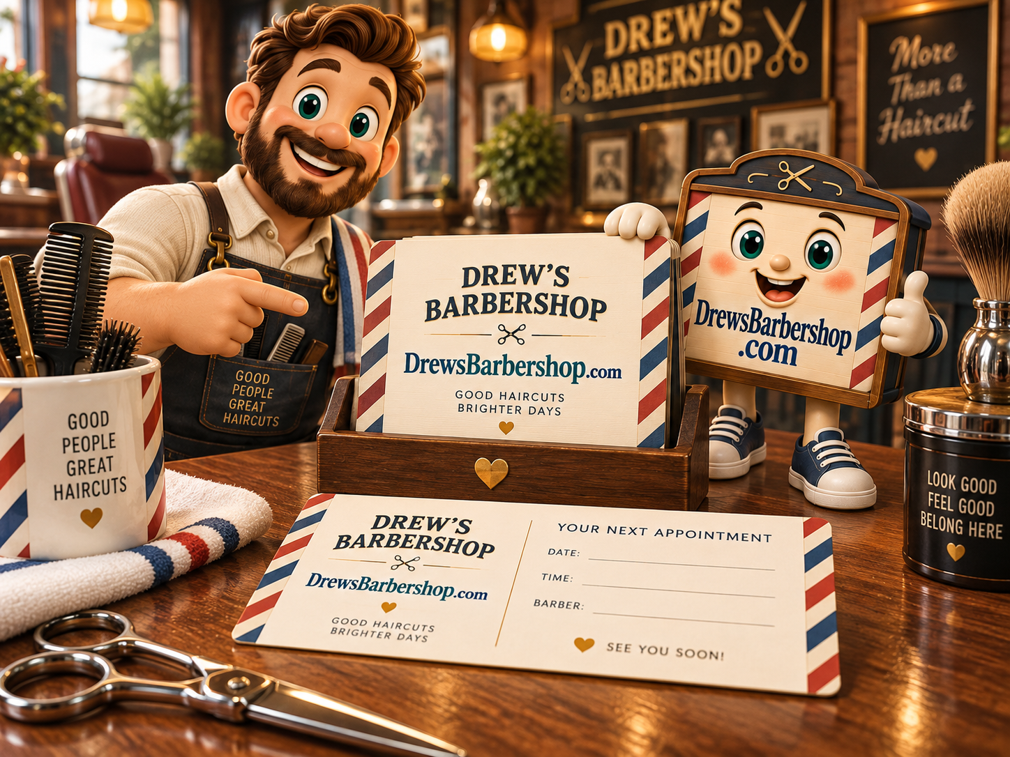 Drew's Barbershop appointment cards in a wooden holder on the counter showing DrewsBarbershop.com, with the signboard character beside them
