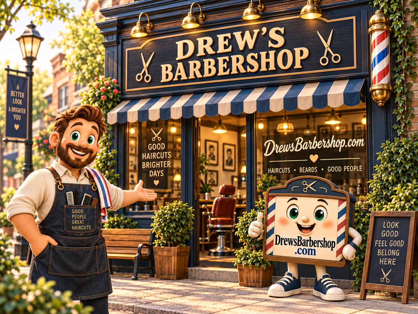 Illustrated Drew's Barbershop navy storefront with a striped awning, gold DREW'S BARBERSHOP sign, and the DrewsBarbershop.com signboard character outside