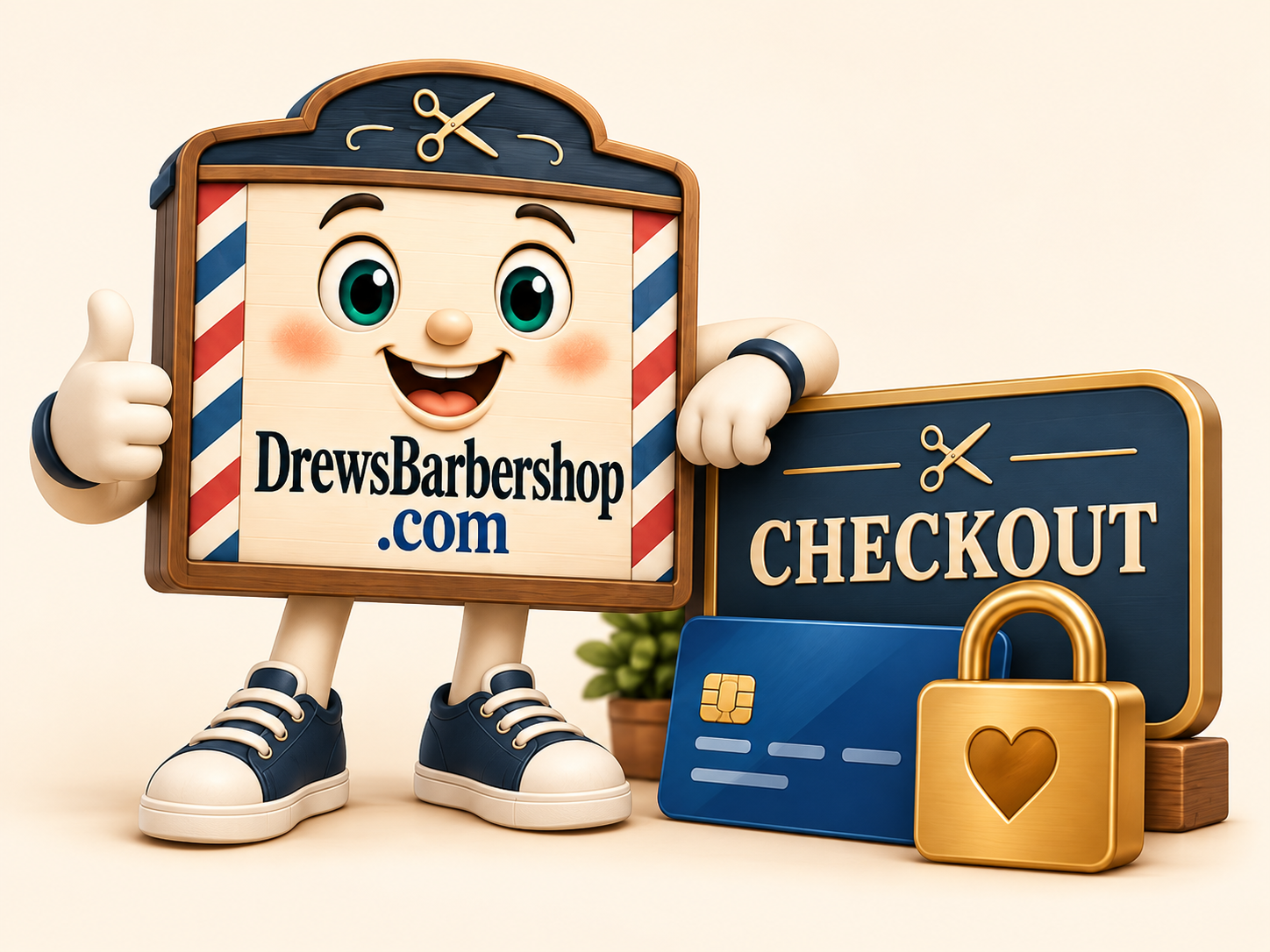 The DrewsBarbershop.com signboard character beside a checkout button and a padlocked payment card