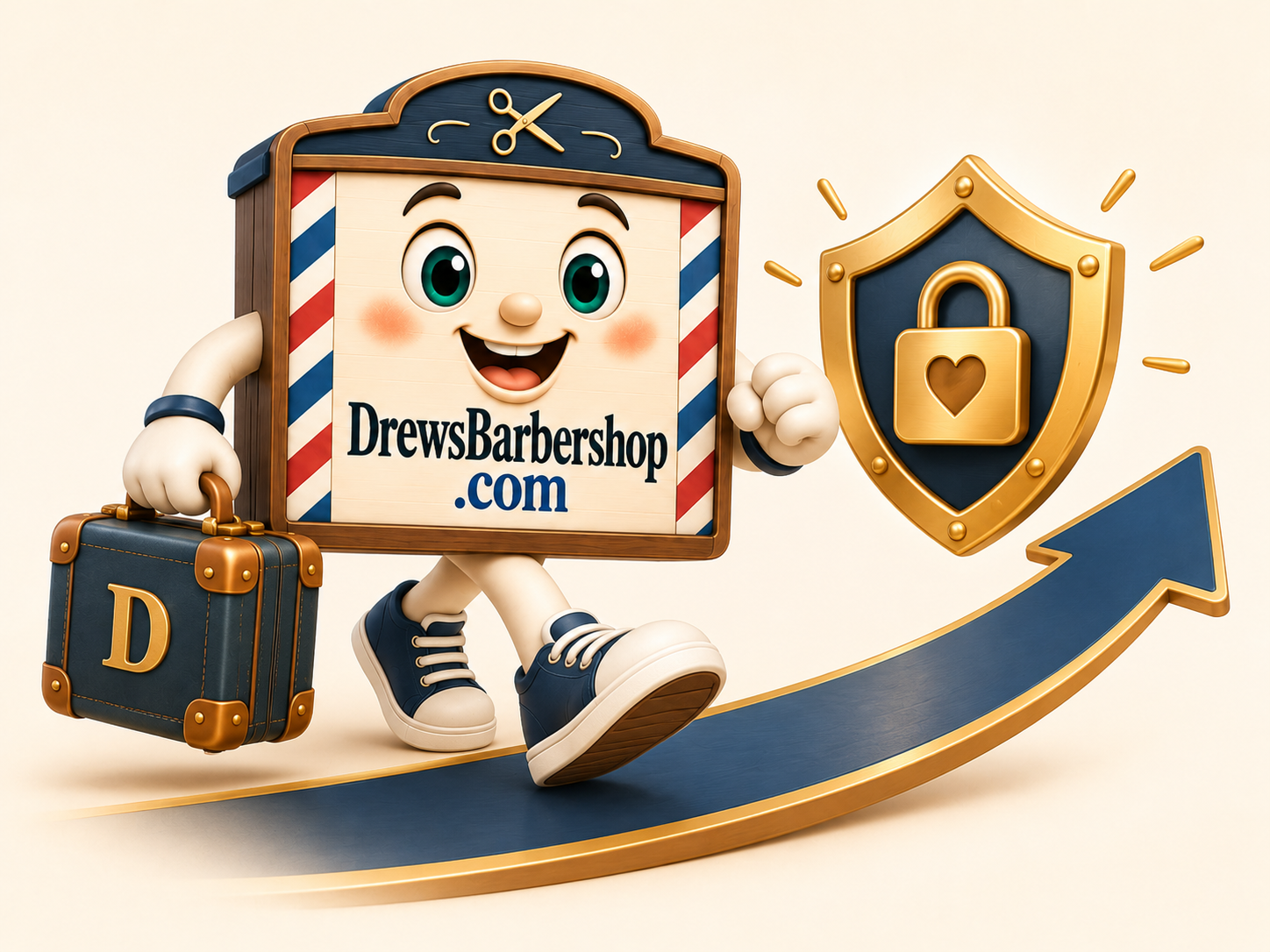 The DrewsBarbershop.com signboard character walking along a curved teal arrow beside a gold shield with a check mark