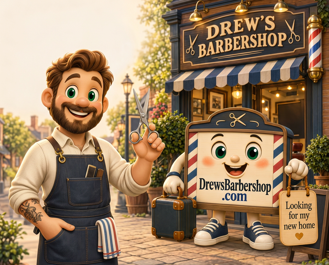 Illustrated warm neighbourhood barbershop with a DREW'S BARBERSHOP sign, a friendly barber holding scissors, and a wooden DrewsBarbershop.com signboard character with a suitcase and a 'Looking for my new home' tag
